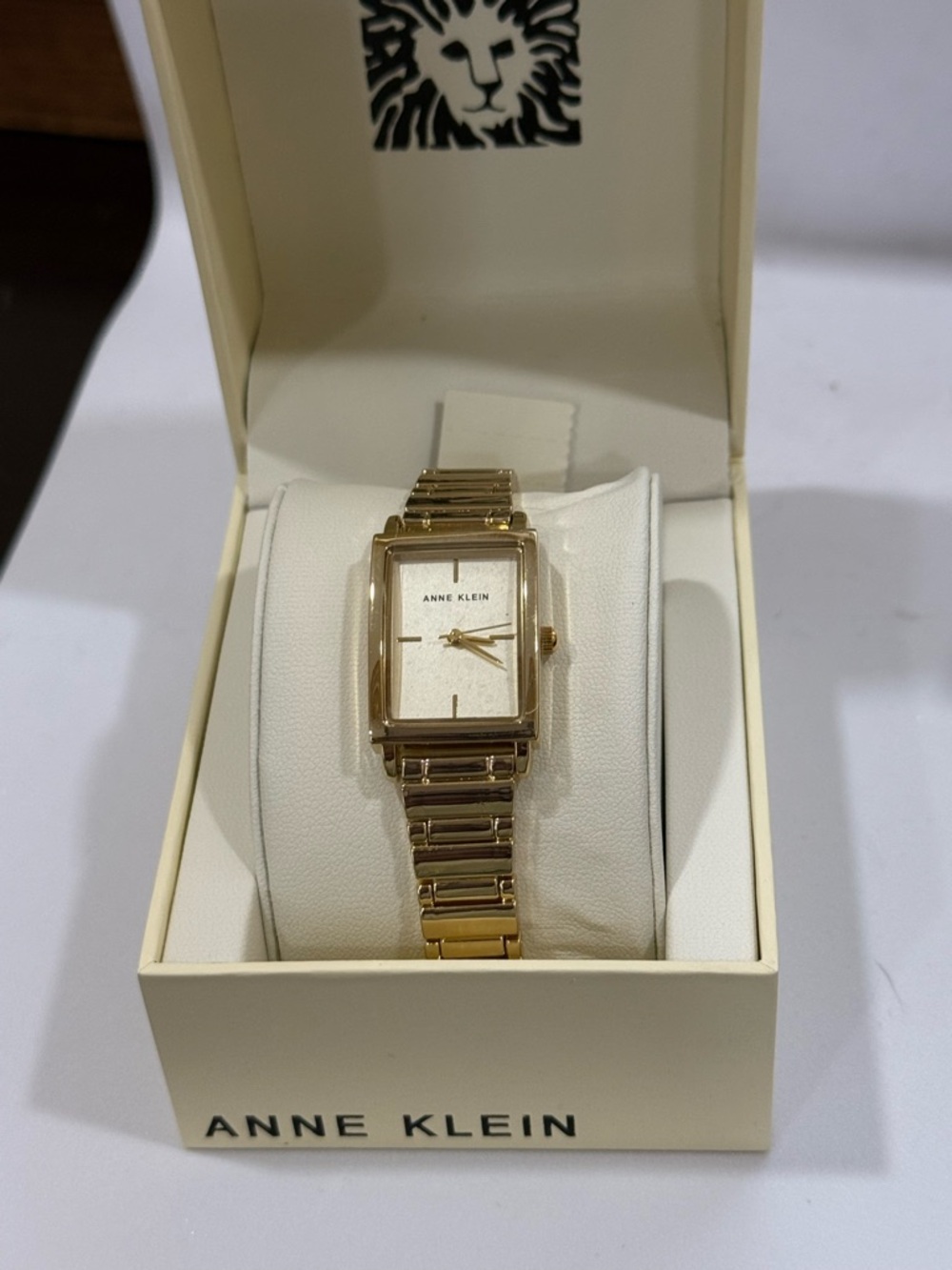 Anne Klein Gold-Tone Rectangular Bracelet Watch with White Dial